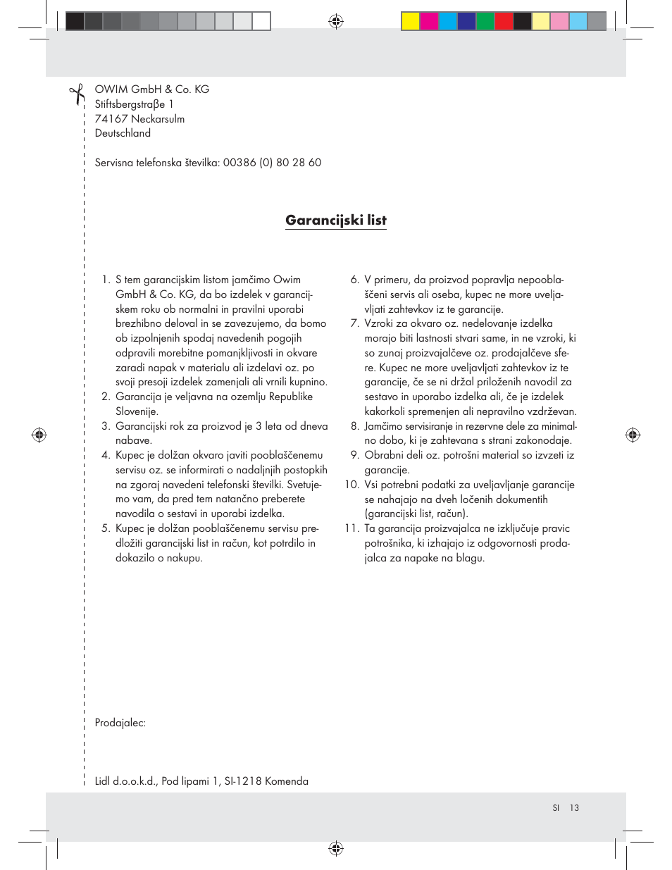 Garancijski list | Miomare Z31402A / Z31402B User Manual | Page 13 / 24