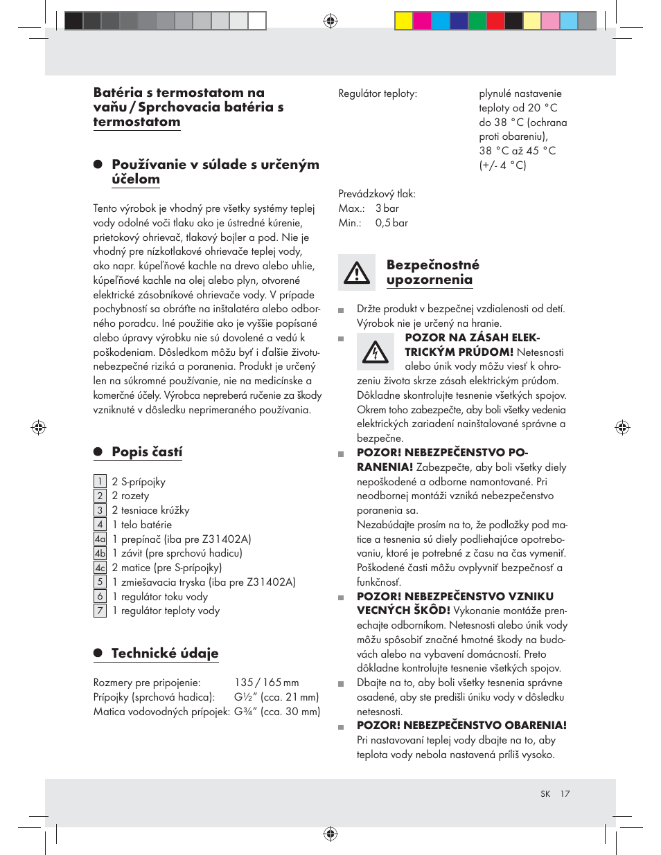 Popis častí, Technické údaje, Bezpečnostné upozornenia | Miomare Z31402A / Z31402B User Manual | Page 17 / 24