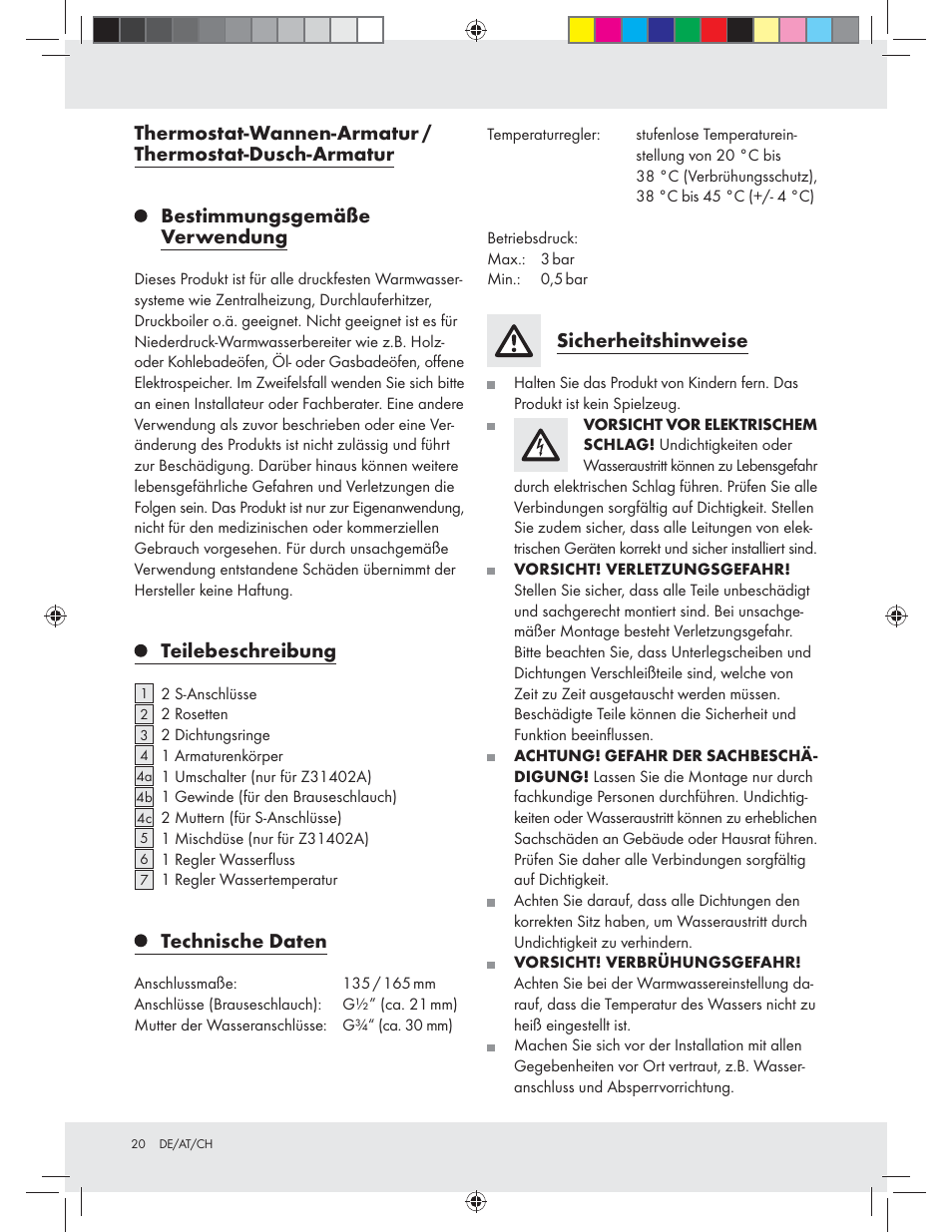 Teilebeschreibung, Technische daten, Sicherheitshinweise | Miomare Z31402A / Z31402B User Manual | Page 20 / 24