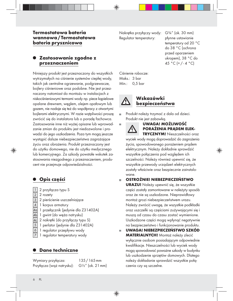 Opis części, Dane techniczne, Wskazówki bezpieczeństwa | Miomare Z31402A / Z31402B User Manual | Page 6 / 24