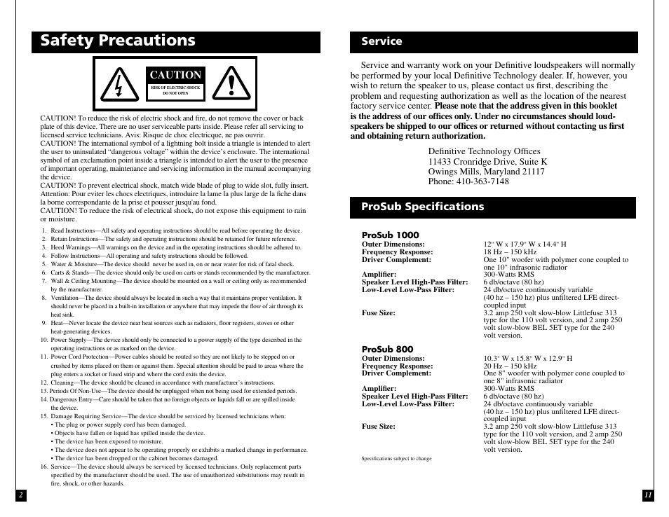 Safety precautions, Service, Caution | Prosub specifications | Definitive Technology PROSUB 800/1000 User Manual | Page 2 / 12