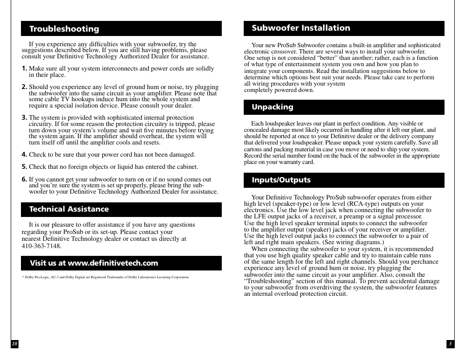 Definitive Technology PROSUB 800/1000 User Manual | Page 3 / 12