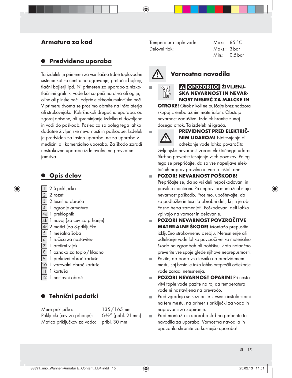 Armatura za kad predvidena uporaba, Opis delov, Tehnični podatki | Varnostna navodila | Miomare Z31166B User Manual | Page 15 / 33