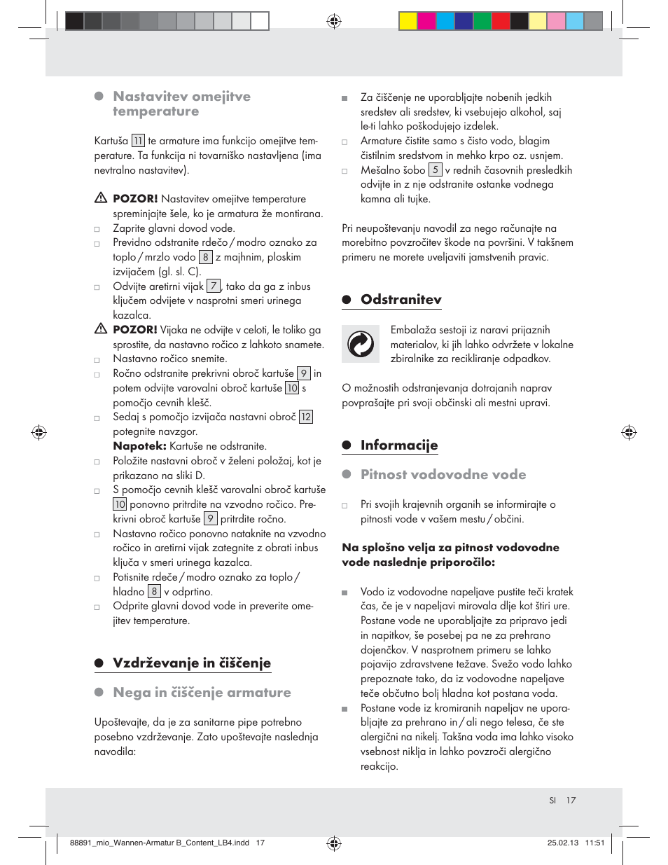 Nastavitev omejitve temperature, Vzdrževanje in čiščenje nega in čiščenje armature, Odstranitev | Informacije pitnost vodovodne vode | Miomare Z31166B User Manual | Page 17 / 33