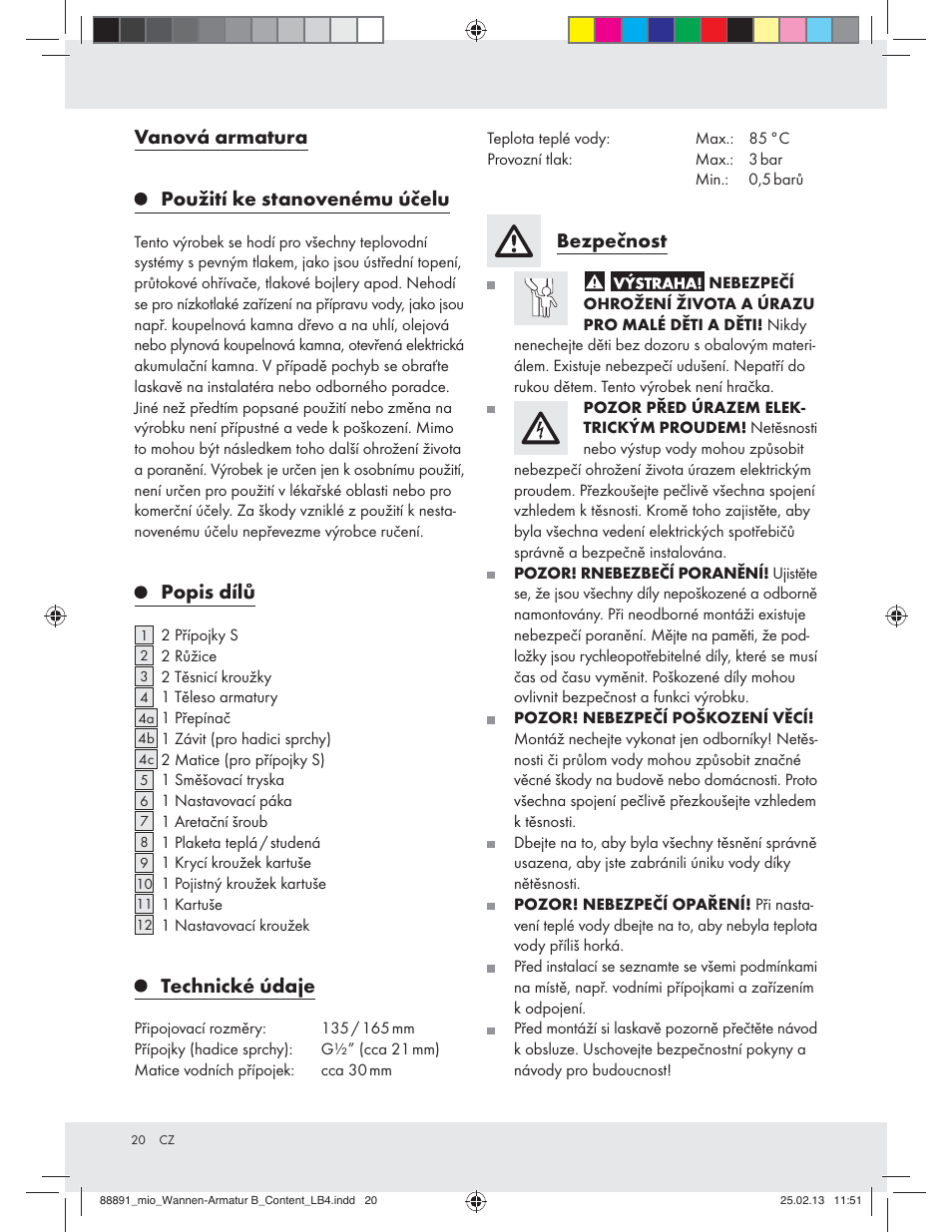 Vanová armatura použití ke stanovenému účelu, Popis dílů, Technické údaje | Bezpečnost | Miomare Z31166B User Manual | Page 20 / 33