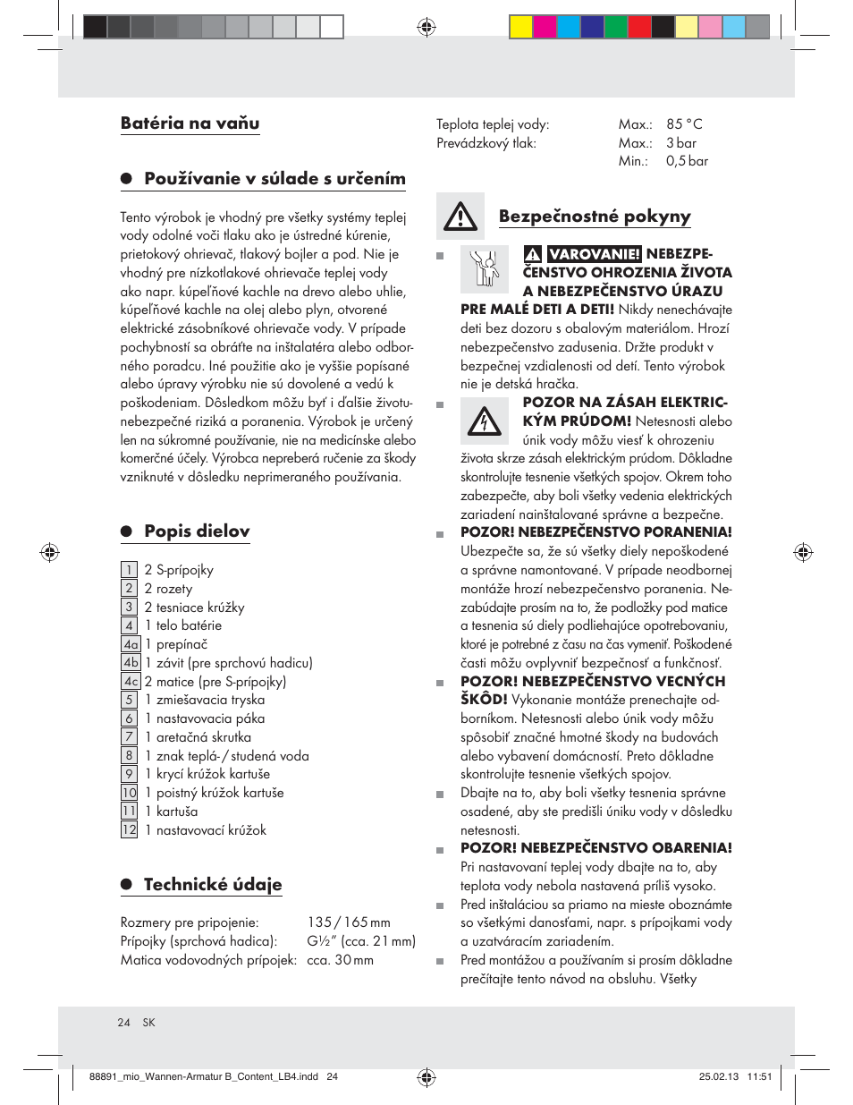 Batéria na vaňu používanie v súlade s určením, Popis dielov, Technické údaje | Bezpečnostné pokyny | Miomare Z31166B User Manual | Page 24 / 33