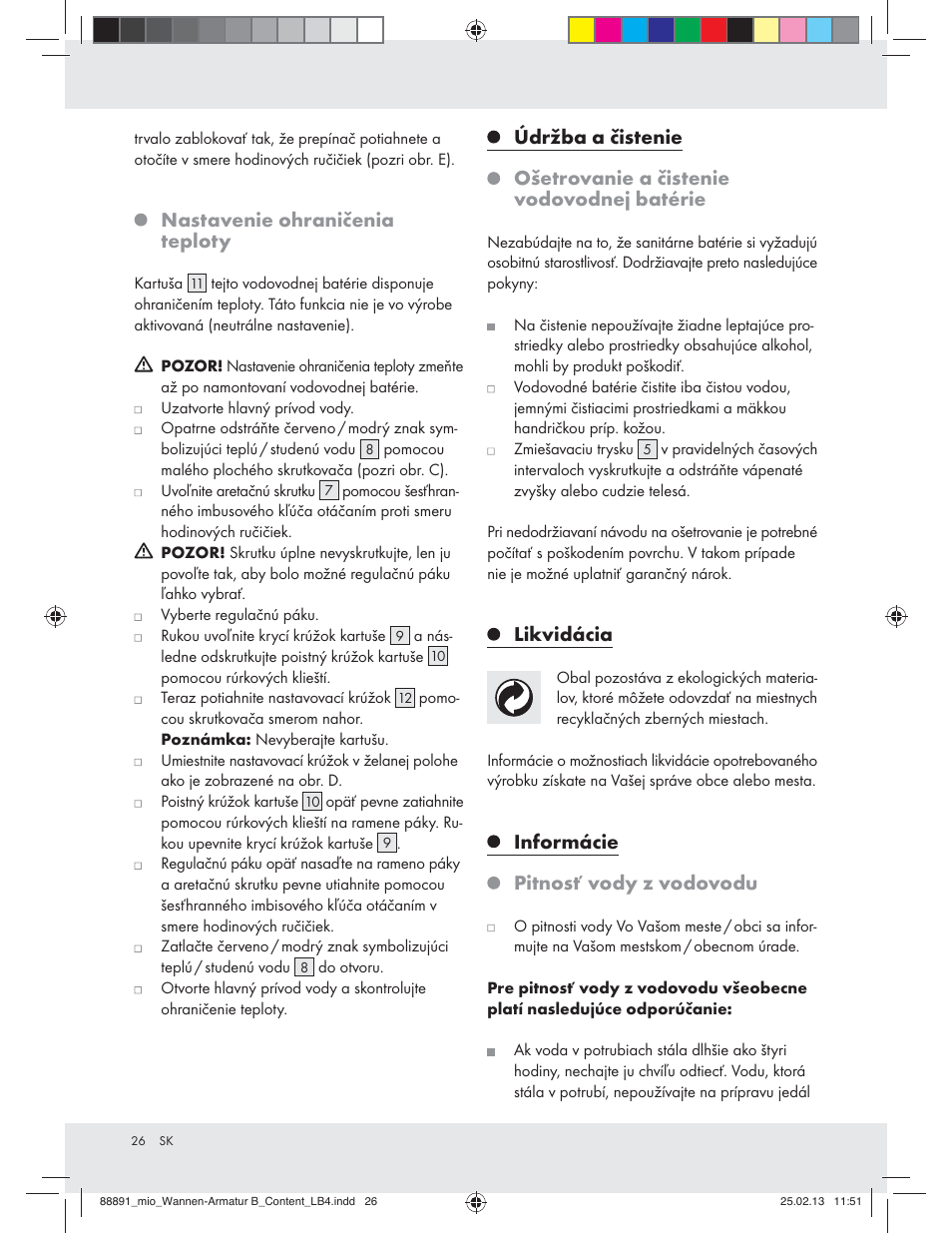 Nastavenie ohraničenia teploty, Likvidácia, Informácie pitnosť vody z vodovodu | Miomare Z31166B User Manual | Page 26 / 33