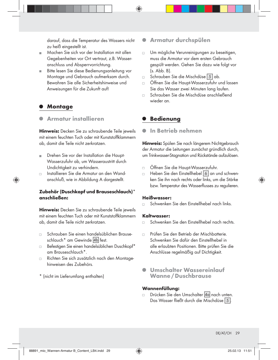 Montage armatur installieren, Armatur durchspülen, Bedienung in betrieb nehmen | Umschalter wassereinlauf wanne / duschbrause | Miomare Z31166B User Manual | Page 29 / 33