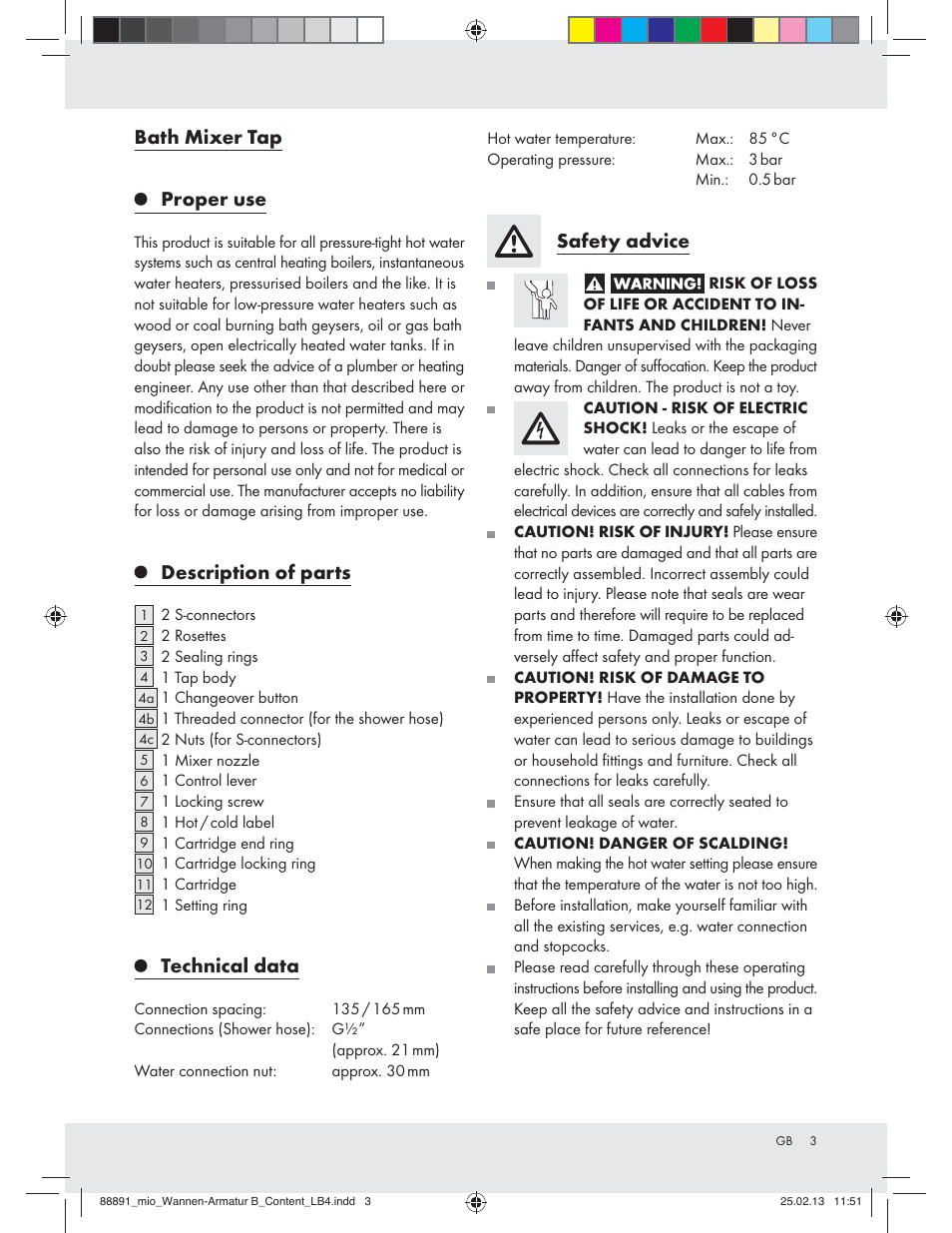 Bath mixer tap proper use, Description of parts, Technical data | Safety advice | Miomare Z31166B User Manual | Page 3 / 33