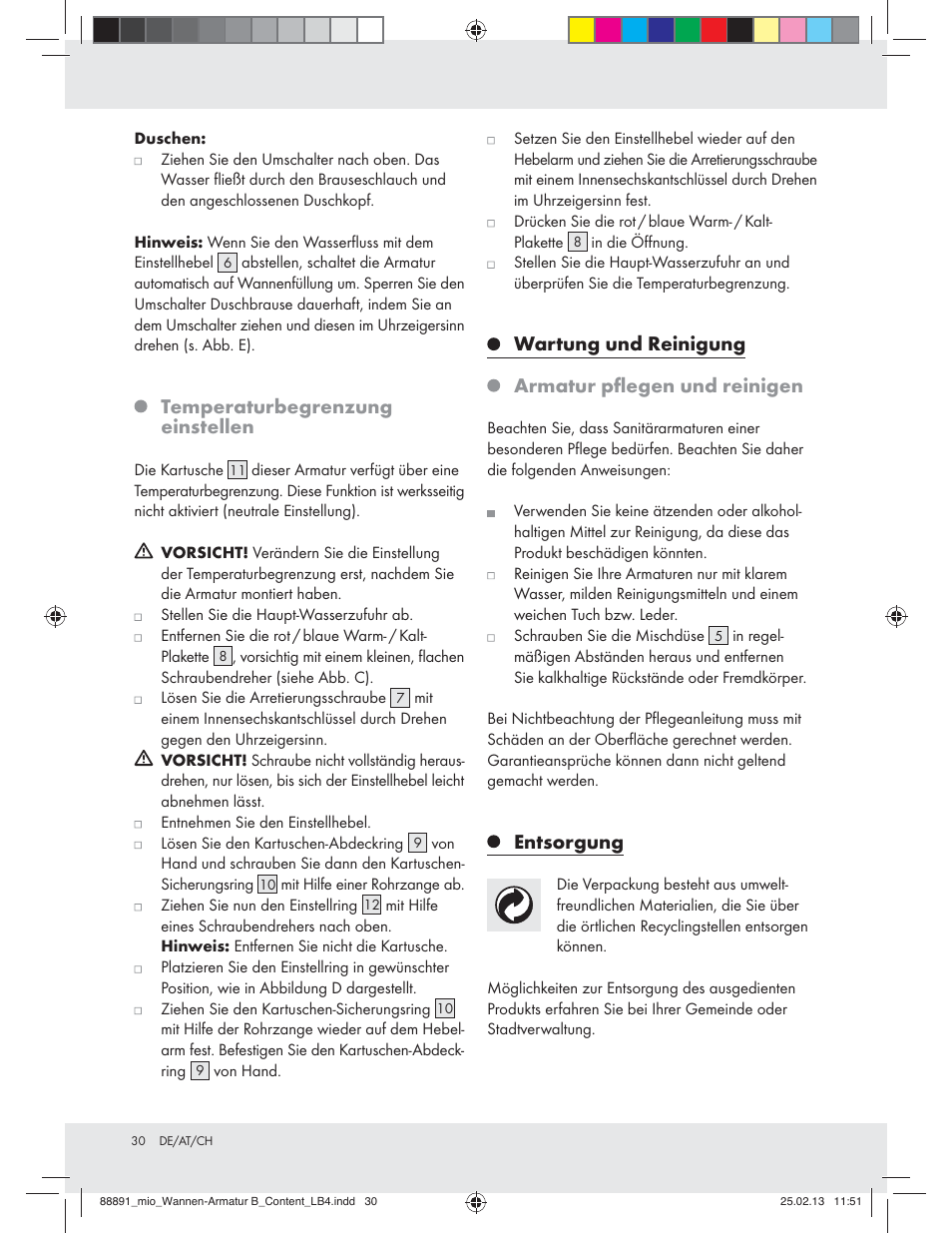 Temperaturbegrenzung einstellen, Wartung und reinigung armatur pﬂegen und reinigen, Entsorgung | Miomare Z31166B User Manual | Page 30 / 33