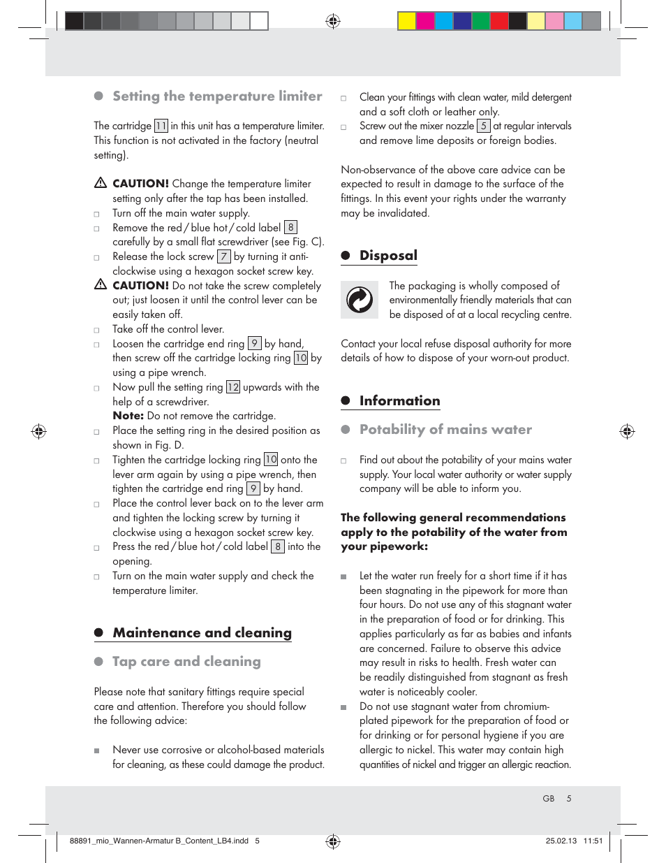 Setting the temperature limiter, Maintenance and cleaning tap care and cleaning, Disposal | Information potability of mains water | Miomare Z31166B User Manual | Page 5 / 33