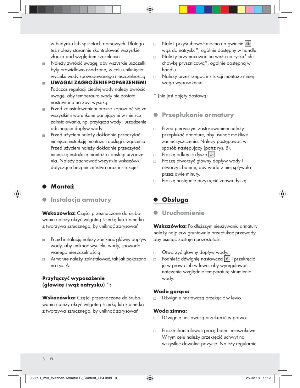 Montaż instalacja armatury, Przepłukanie armatury, Obsługa uruchomienie | Miomare Z31166B User Manual | Page 8 / 33