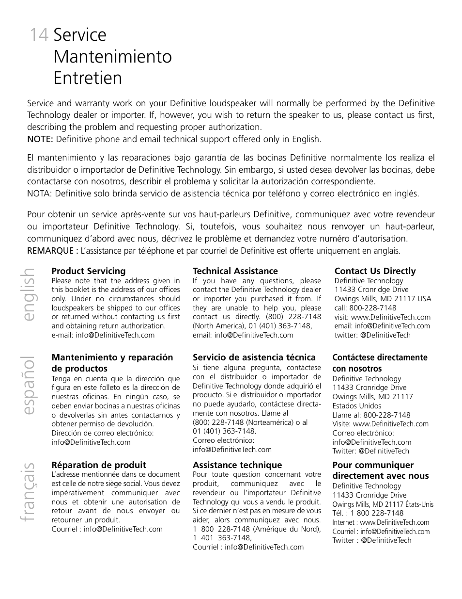 Service mantenimiento entretien, 14 english español français | Definitive Technology Mythos XTR-SSA3 User Manual | Page 14 / 16