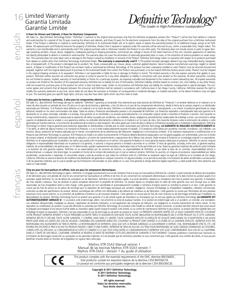 English, Español, Français | Definitive Technology Mythos XTR-SSA3 User Manual | Page 16 / 16