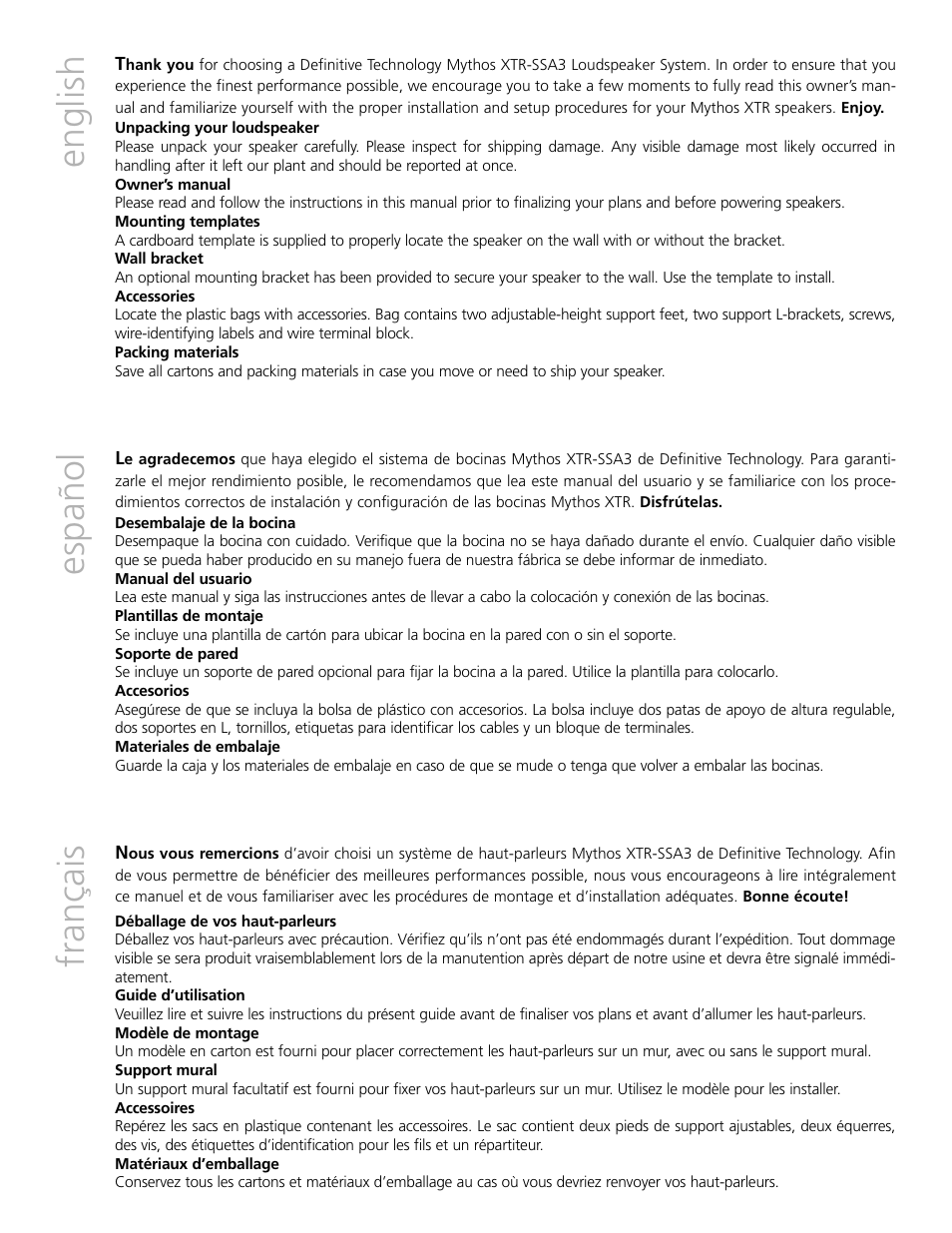 English español français | Definitive Technology Mythos XTR-SSA3 User Manual | Page 2 / 16