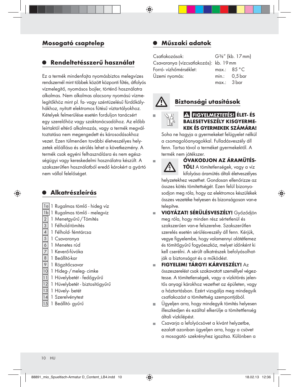 Mosogató csaptelep rendeltetésszerű használat, Alkatrészleírás, Műszaki adatok | Biztonsági utasítások | Miomare Z31166D User Manual | Page 10 / 28