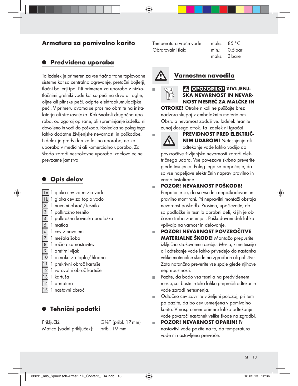 Armatura za pomivalno korito predvidena uporaba, Opis delov, Tehnični podatki | Varnostna navodila | Miomare Z31166D User Manual | Page 13 / 28