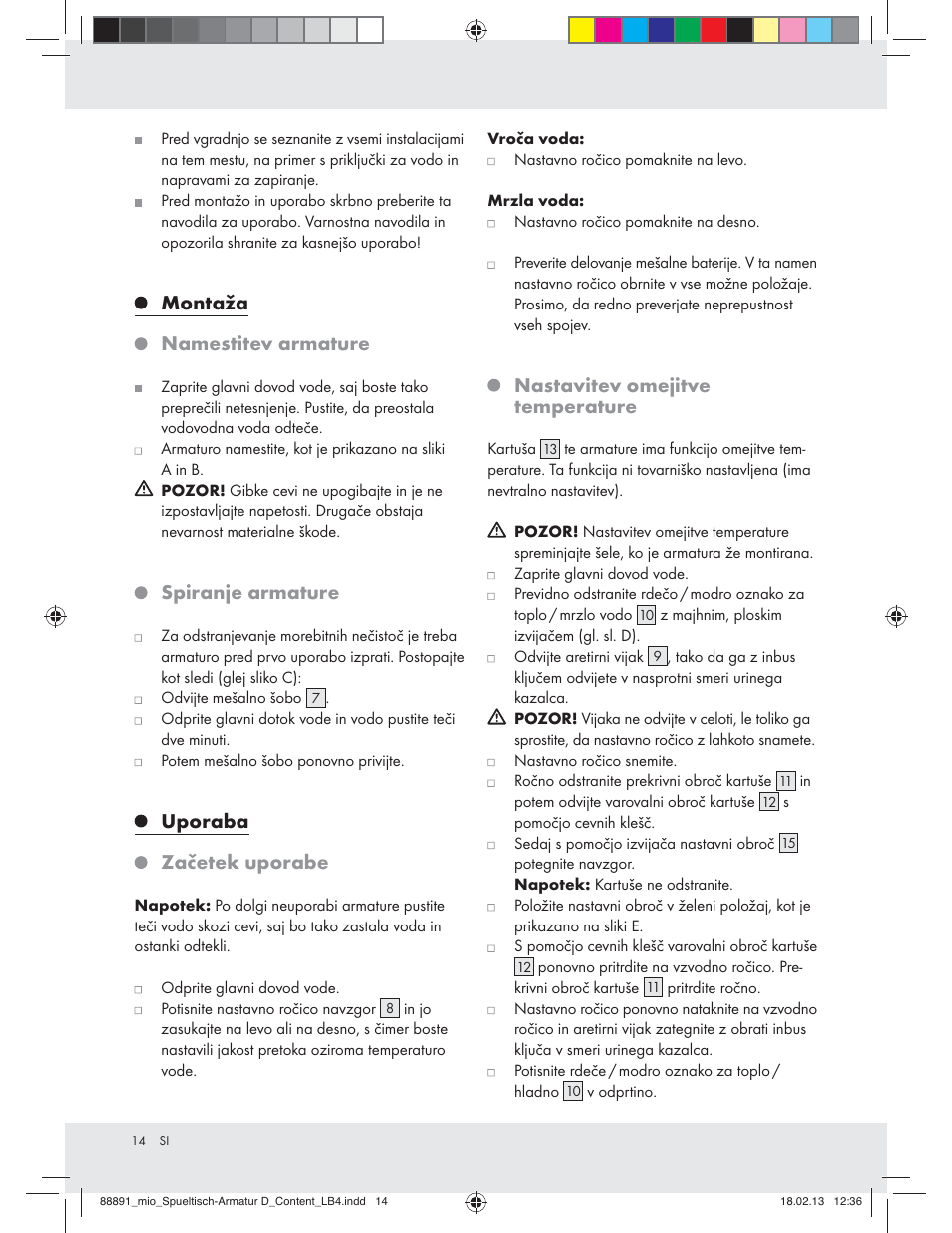 Montaža namestitev armature, Spiranje armature, Uporaba začetek uporabe | Nastavitev omejitve temperature | Miomare Z31166D User Manual | Page 14 / 28