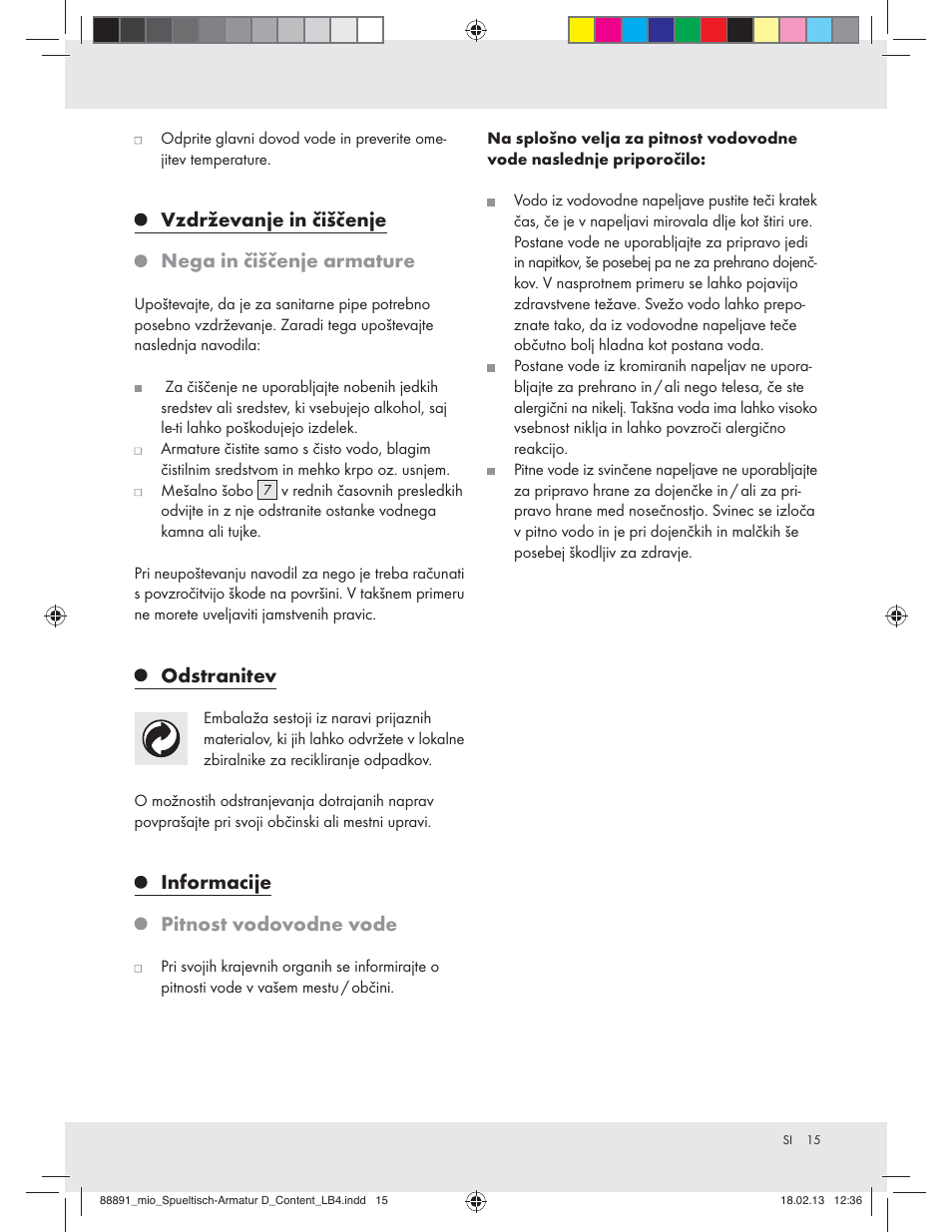 Vzdrževanje in čiščenje nega in čiščenje armature, Odstranitev, Informacije pitnost vodovodne vode | Miomare Z31166D User Manual | Page 15 / 28