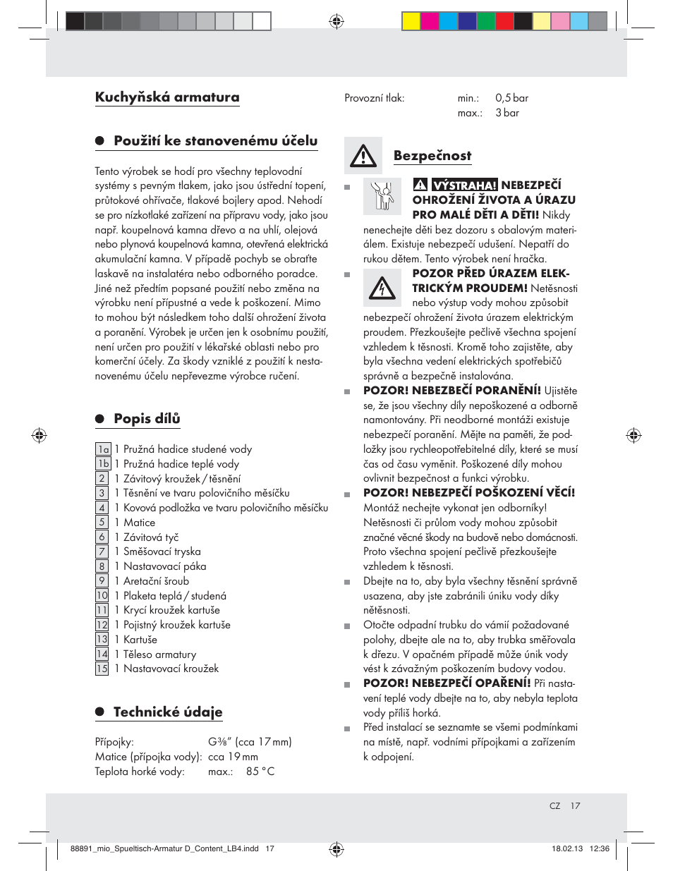 Kuchyňská armatura použití ke stanovenému účelu, Popis dílů, Technické údaje | Bezpečnost | Miomare Z31166D User Manual | Page 17 / 28