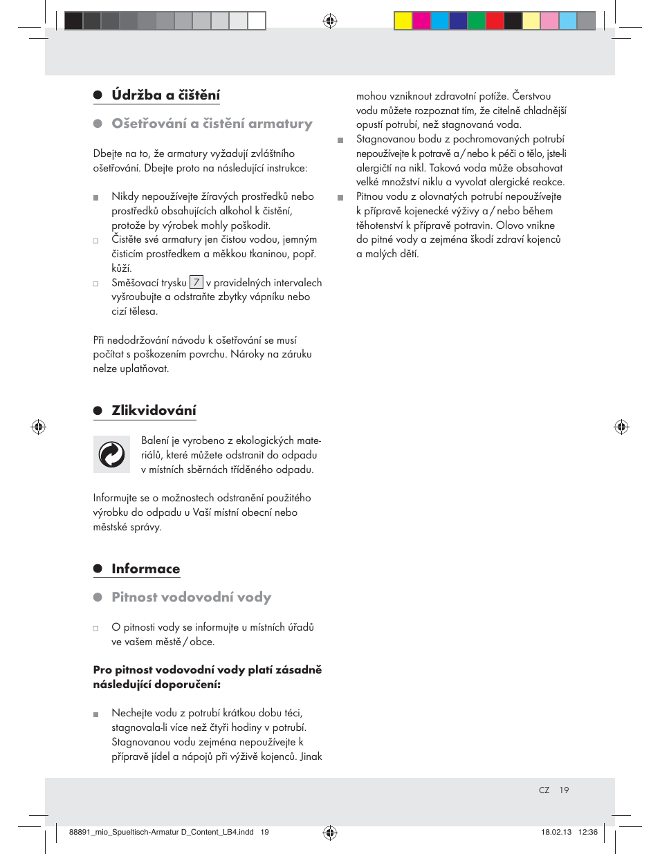 Údržba a čištění ošetřování a čistění armatury, Zlikvidování, Informace pitnost vodovodní vody | Miomare Z31166D User Manual | Page 19 / 28