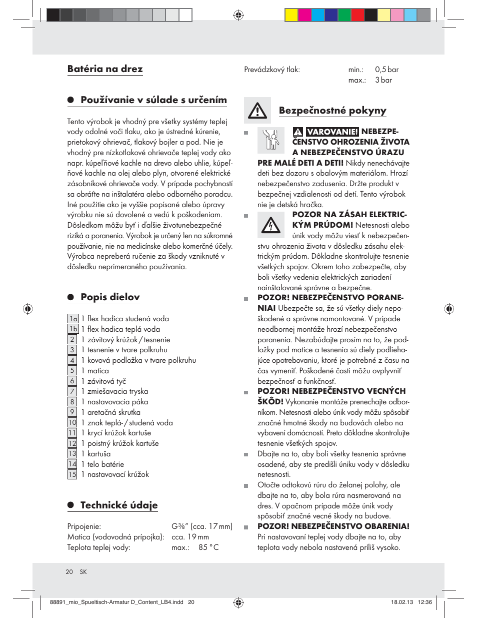 Batéria na drez používanie v súlade s určením, Popis dielov, Technické údaje | Bezpečnostné pokyny | Miomare Z31166D User Manual | Page 20 / 28