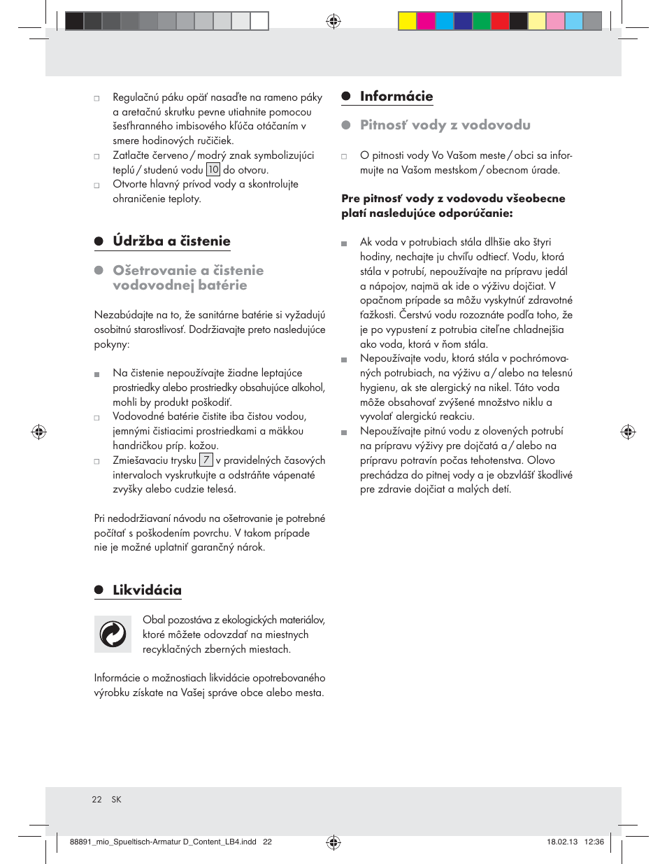 Likvidácia, Informácie pitnosť vody z vodovodu | Miomare Z31166D User Manual | Page 22 / 28