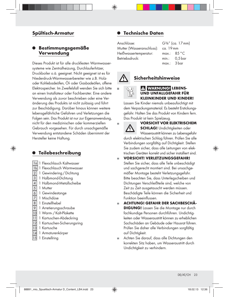 Spültisch-armatur bestimmungsgemäße verwendung, Teilebeschreibung, Technische daten | Sicherheitshinweise | Miomare Z31166D User Manual | Page 23 / 28