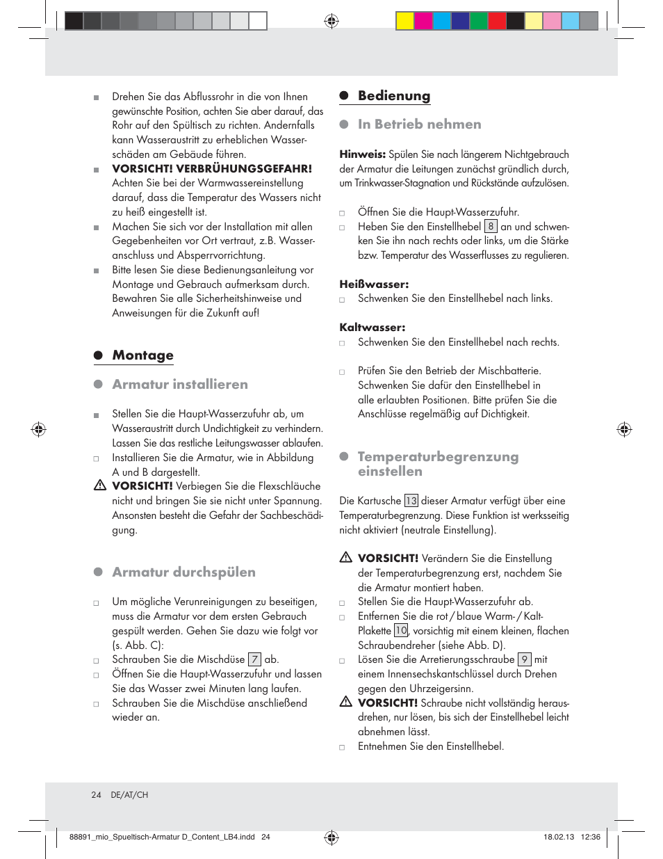 Montage armatur installieren, Armatur durchspülen, Bedienung in betrieb nehmen | Temperaturbegrenzung einstellen | Miomare Z31166D User Manual | Page 24 / 28