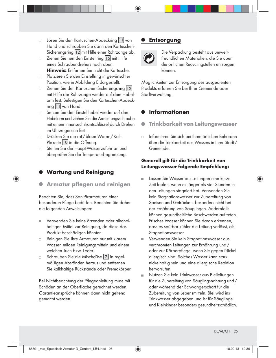 Wartung und reinigung armatur pﬂegen und reinigen, Entsorgung, Informationen trinkbarkeit von leitungswasser | Miomare Z31166D User Manual | Page 25 / 28
