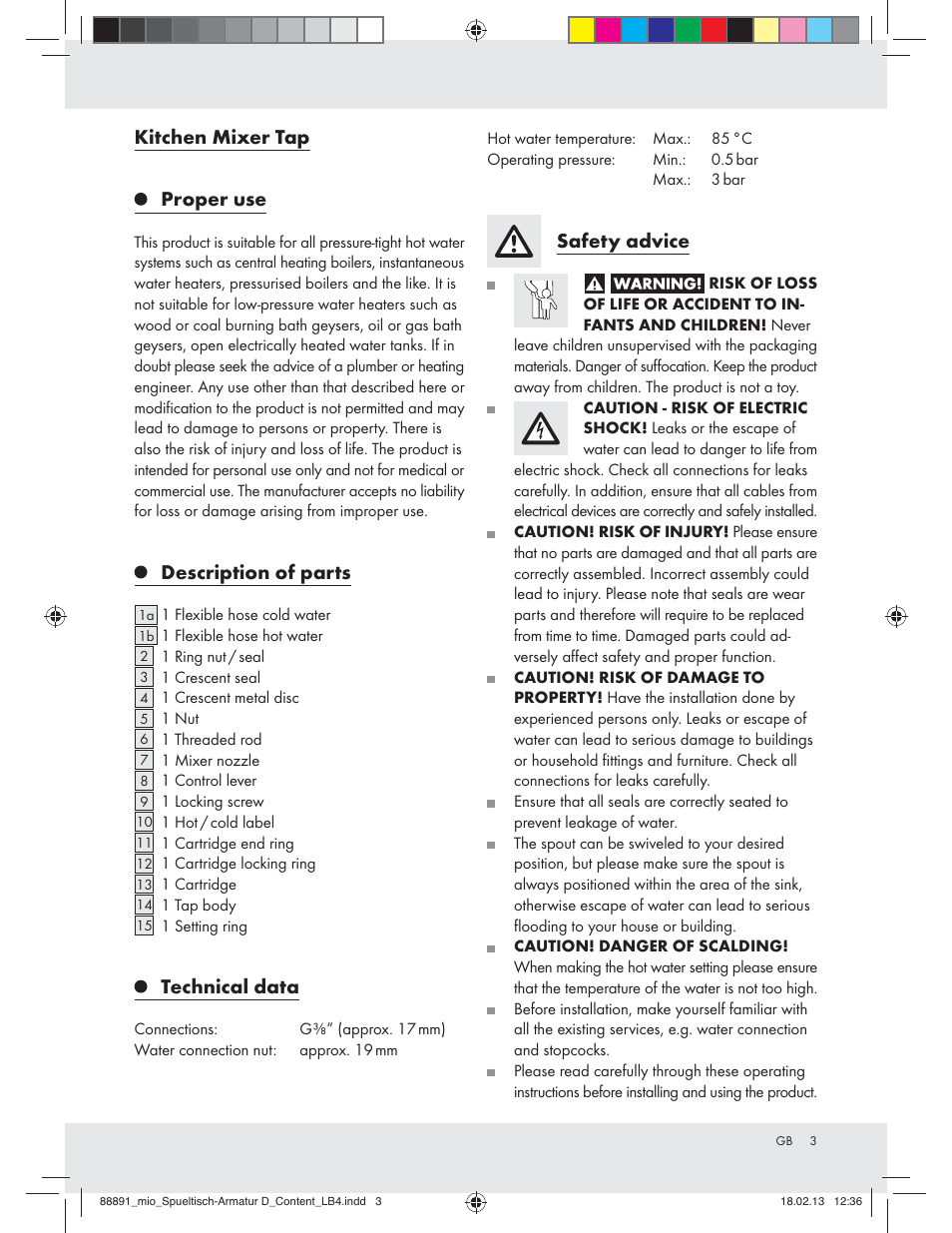 Kitchen mixer tap proper use, Description of parts, Technical data | Safety advice | Miomare Z31166D User Manual | Page 3 / 28
