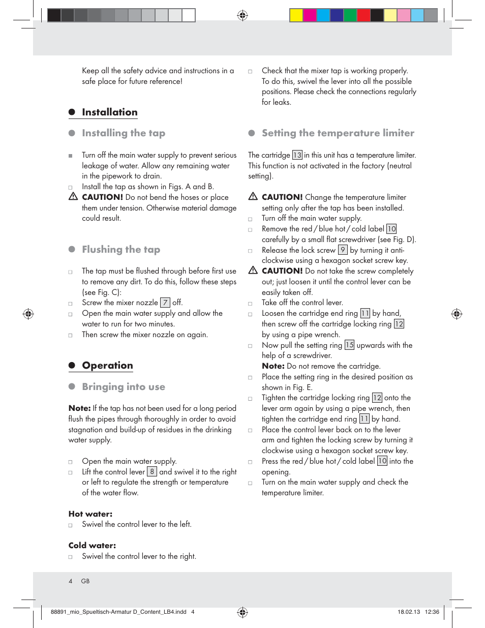 Installation installing the tap, Flushing the tap, Operation bringing into use | Setting the temperature limiter | Miomare Z31166D User Manual | Page 4 / 28
