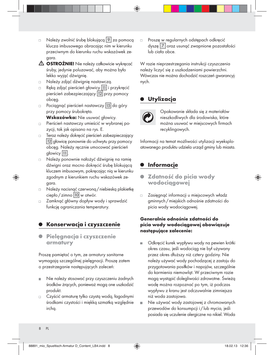 Utylizacja, Informacje zdatność do picia wody wodociągowej | Miomare Z31166D User Manual | Page 8 / 28