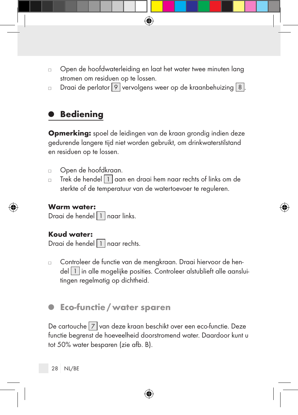 Bediening, Eco-functie / water sparen | Miomare Single-lever mixer User Manual | Page 28 / 69