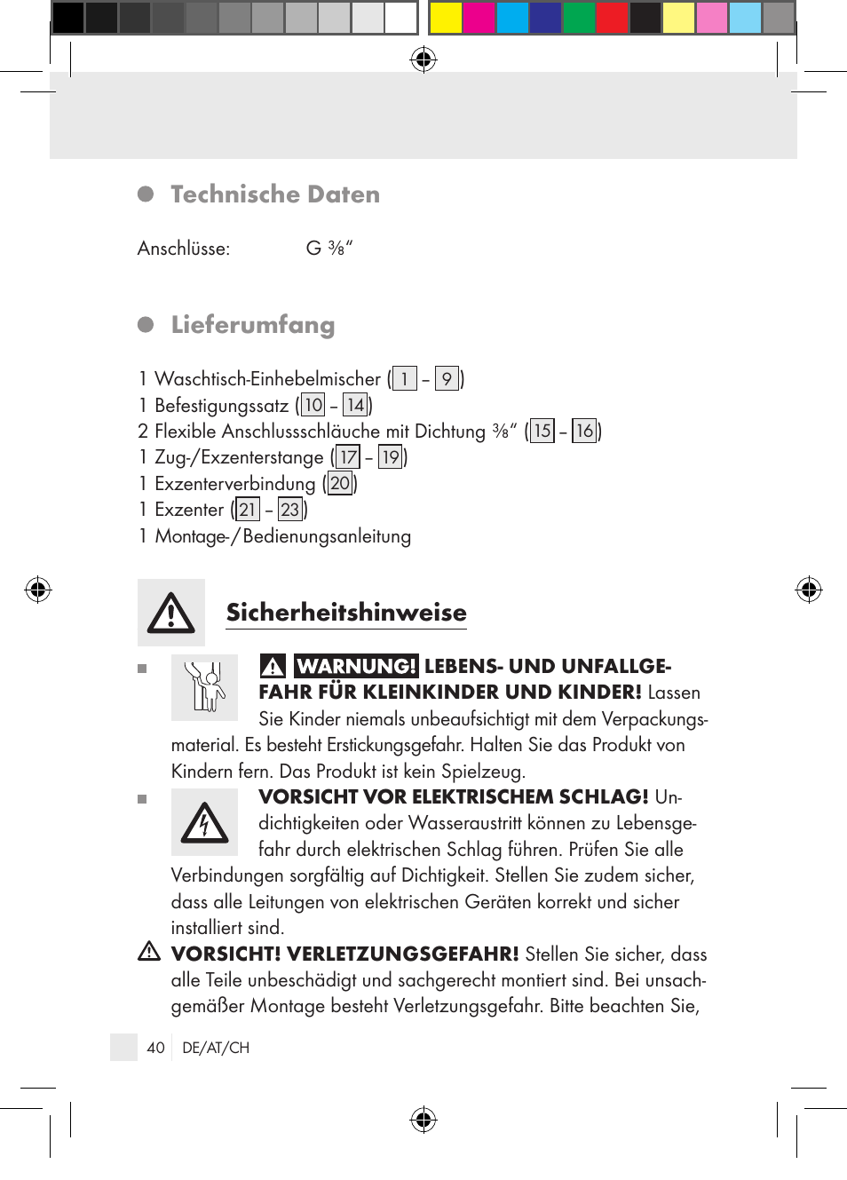Technische daten, Lieferumfang, Sicherheitshinweise | Miomare Single-lever mixer User Manual | Page 40 / 69