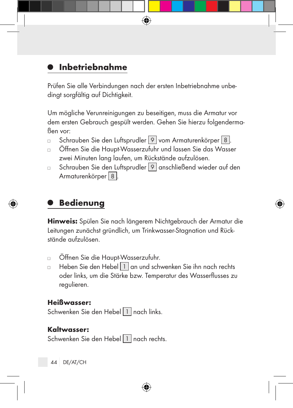 Inbetriebnahme, Bedienung | Miomare Single-lever mixer User Manual | Page 44 / 69