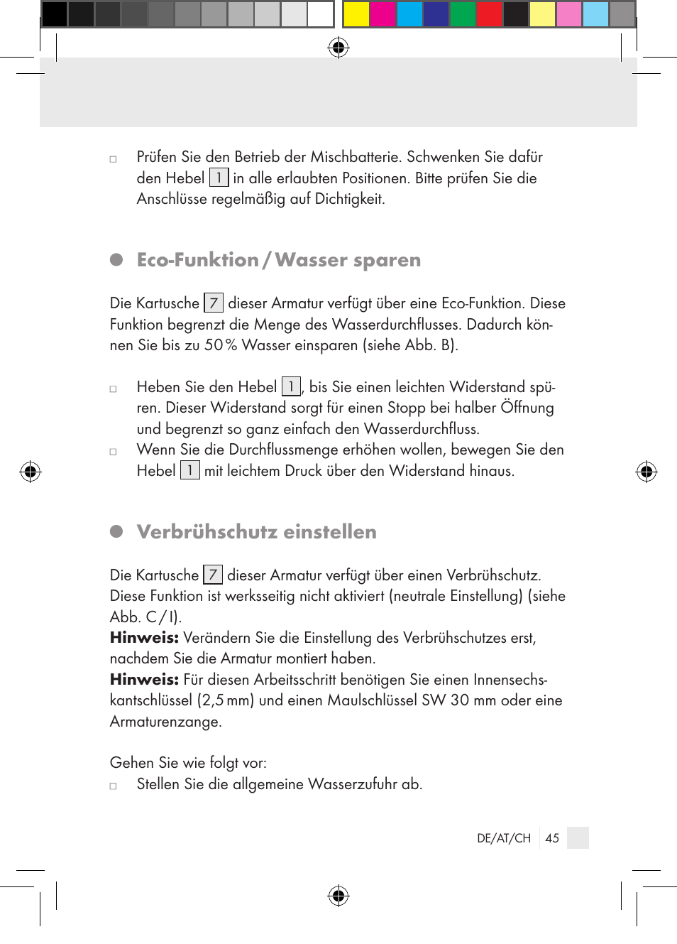 Eco-funktion / wasser sparen, Verbrühschutz einstellen | Miomare Single-lever mixer User Manual | Page 45 / 69