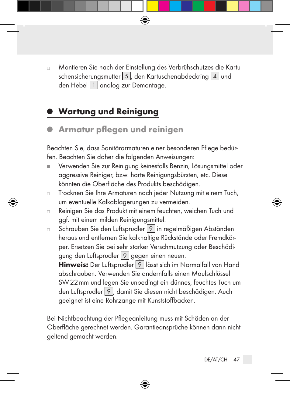 Wartung und reinigung armatur pflegen und reinigen | Miomare Single-lever mixer User Manual | Page 47 / 69