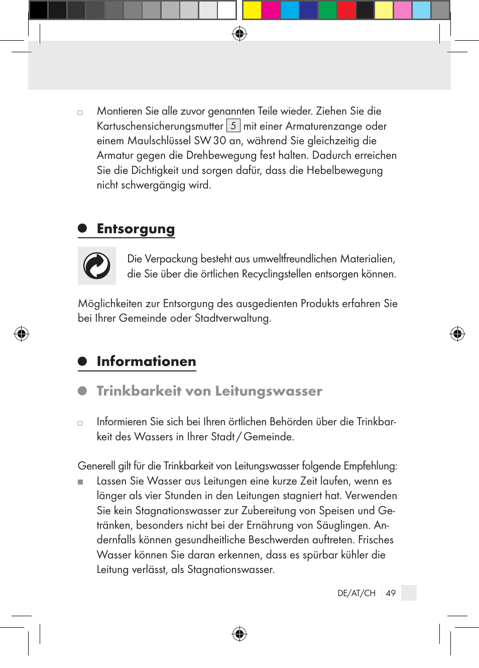Entsorgung, Informationen trinkbarkeit von leitungswasser | Miomare Single-lever mixer User Manual | Page 49 / 69