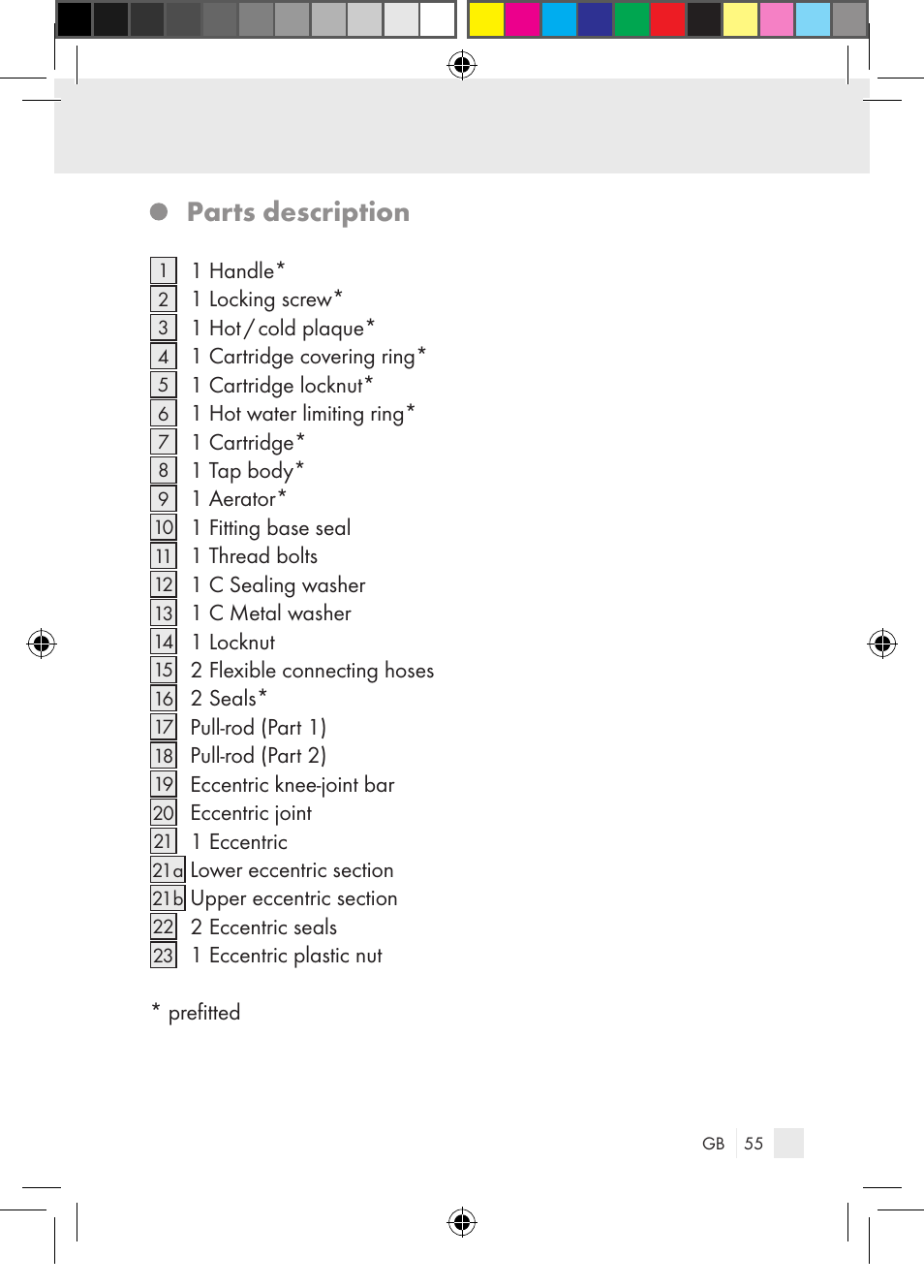 Parts description | Miomare Single-lever mixer User Manual | Page 55 / 69
