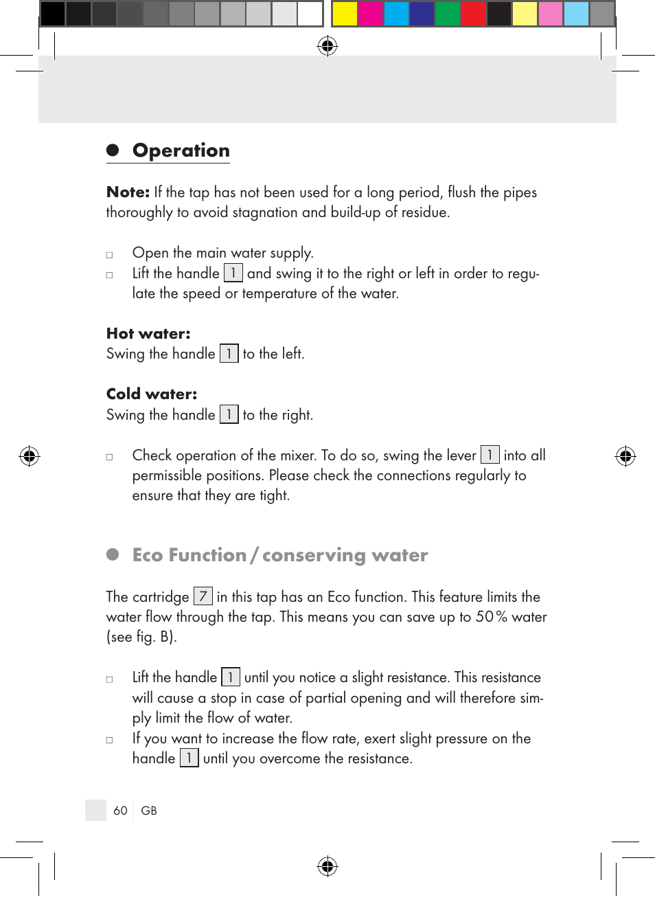 Operation, Eco function / conserving water | Miomare Single-lever mixer User Manual | Page 60 / 69