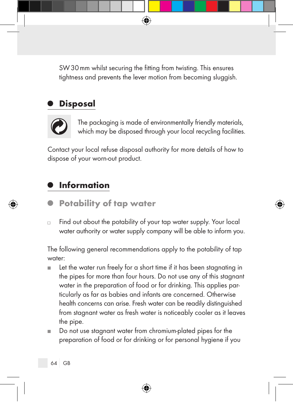Disposal, Information potability of tap water | Miomare Single-lever mixer User Manual | Page 64 / 69