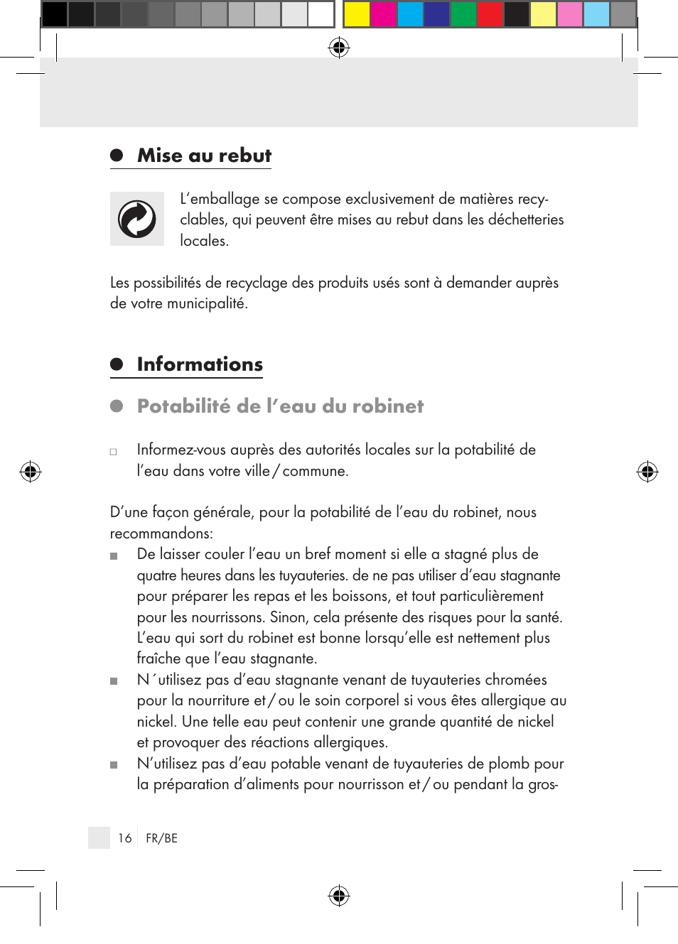 Mise au rebut, Informations potabilité de l’eau du robinet | Miomare Single-lever mixer User Manual | Page 16 / 65