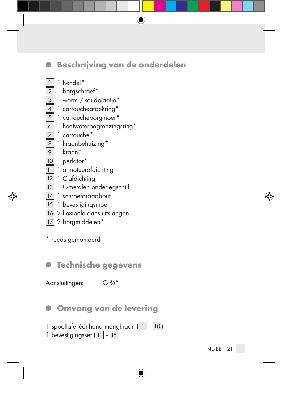 Beschrijving van de onderdelen, Technische gegevens, Omvang van de levering | Miomare Single-lever mixer User Manual | Page 21 / 65
