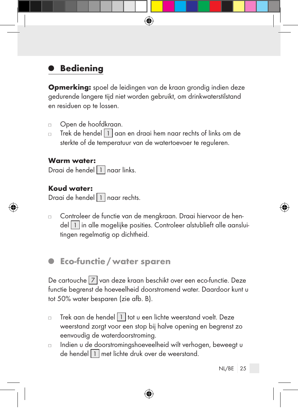 Bediening, Eco-functie / water sparen | Miomare Single-lever mixer User Manual | Page 25 / 65