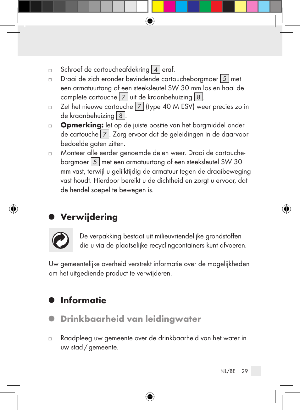 Verwijdering, Informatie drinkbaarheid van leidingwater | Miomare Single-lever mixer User Manual | Page 29 / 65