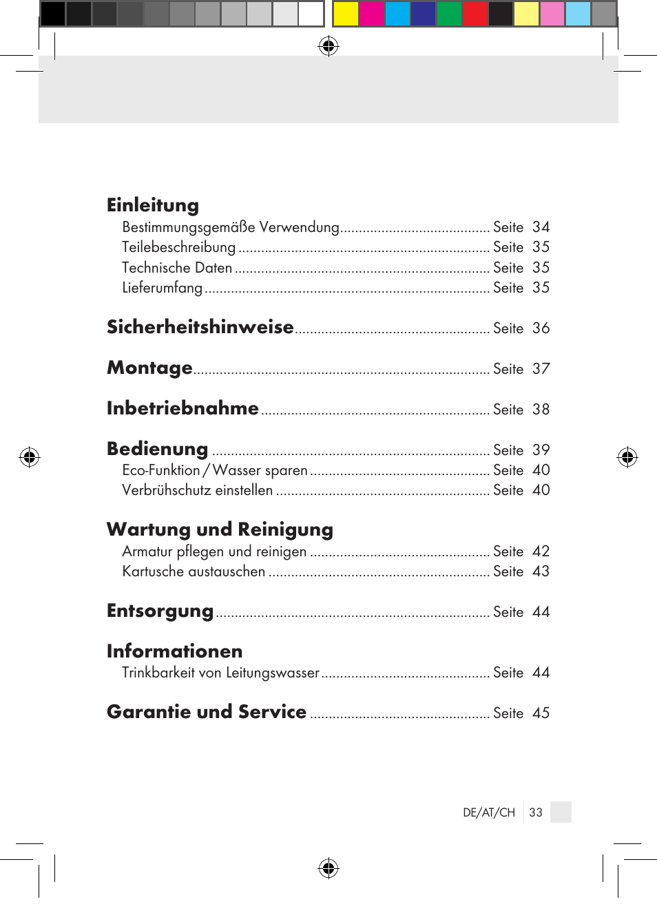 Einleitung, Sicherheitshinweise, Montage | Inbetriebnahme, Bedienung, Wartung und reinigung, Entsorgung, Informationen, Garantie und service | Miomare Single-lever mixer User Manual | Page 33 / 65