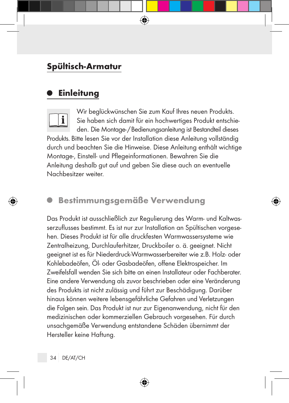 Spültisch-armatur einleitung, Bestimmungsgemäße verwendung | Miomare Single-lever mixer User Manual | Page 34 / 65