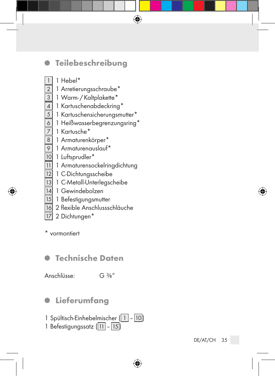 Teilebeschreibung, Technische daten, Lieferumfang | Miomare Single-lever mixer User Manual | Page 35 / 65