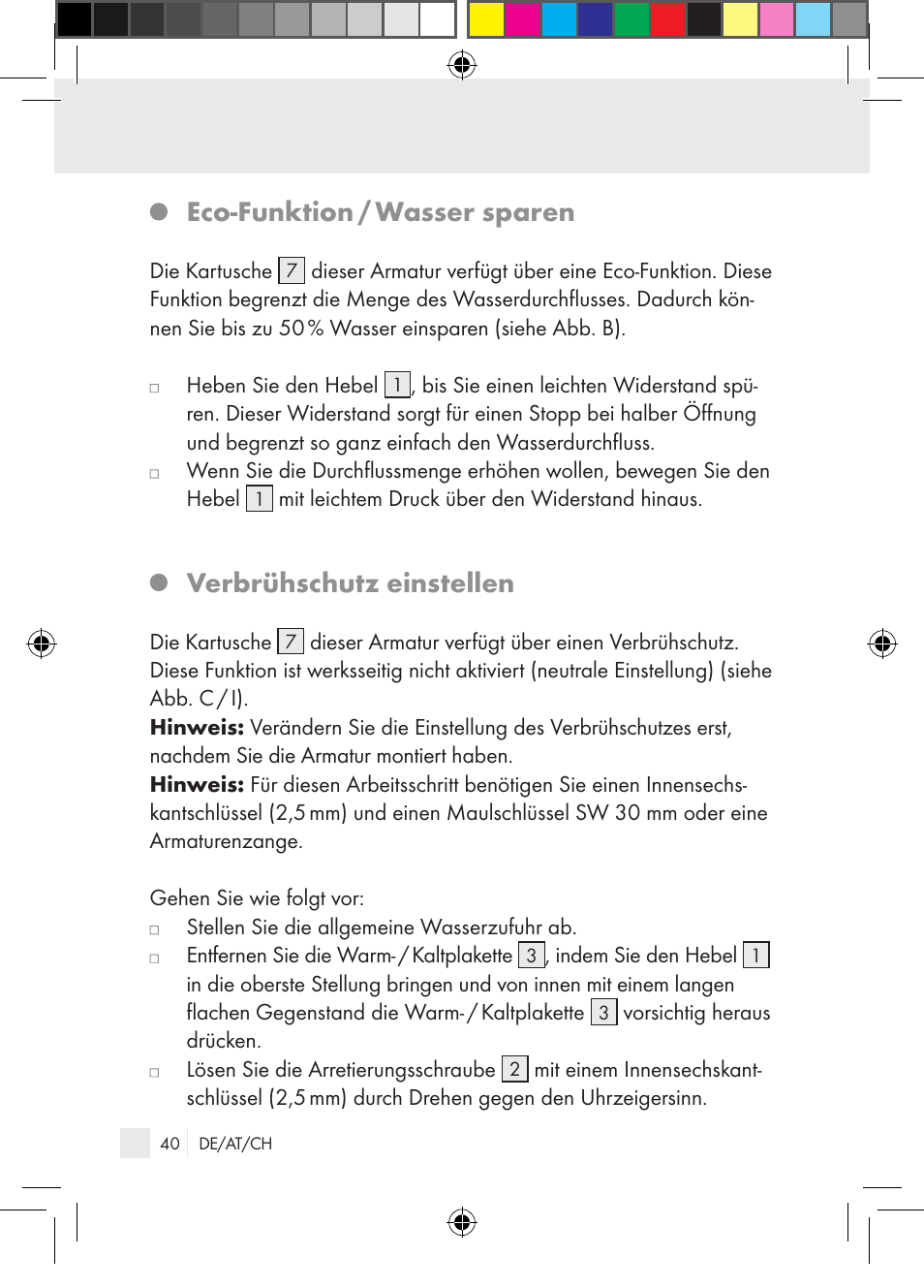 Eco-funktion / wasser sparen, Verbrühschutz einstellen | Miomare Single-lever mixer User Manual | Page 40 / 65